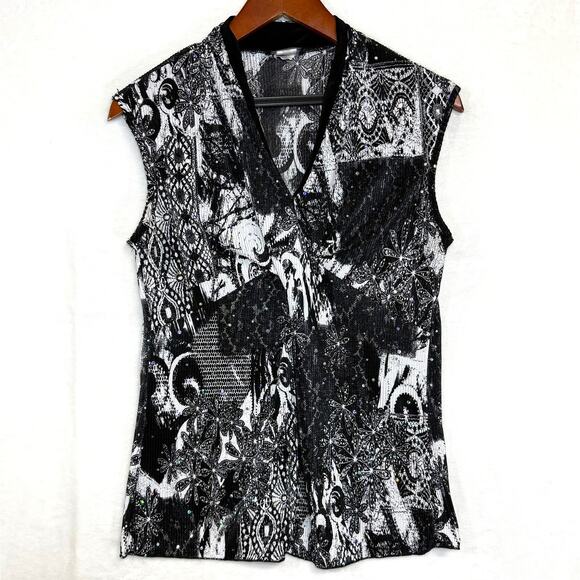 Brittany Black Tops - Vintage Brittany Black M Plisse Graphic Top Twist Whimsygoth Paisley Sequin 90s